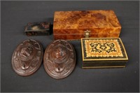 3pc Decorative Dresser Boxes, 2 carved medallions