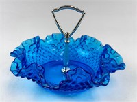 Fenton Art Glass Blue Hobnail Ruffled Candy Dish