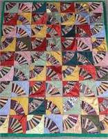 Fancy Silk Appliqued "Fan" Quilt With Pleated Edge