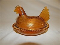 Indiana Amber Glass Hen on Nest Covered Dish