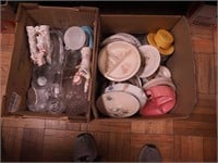 Two boxes including children's dishes, crystal