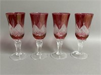 Four Ruby Red Etched Glass Sherry Glasses