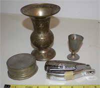 Misc Metalware Lot: Vtg India Brass Etched Vase