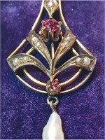 Art Nouveau 14k Ruby Diamond Lavalier Necklace