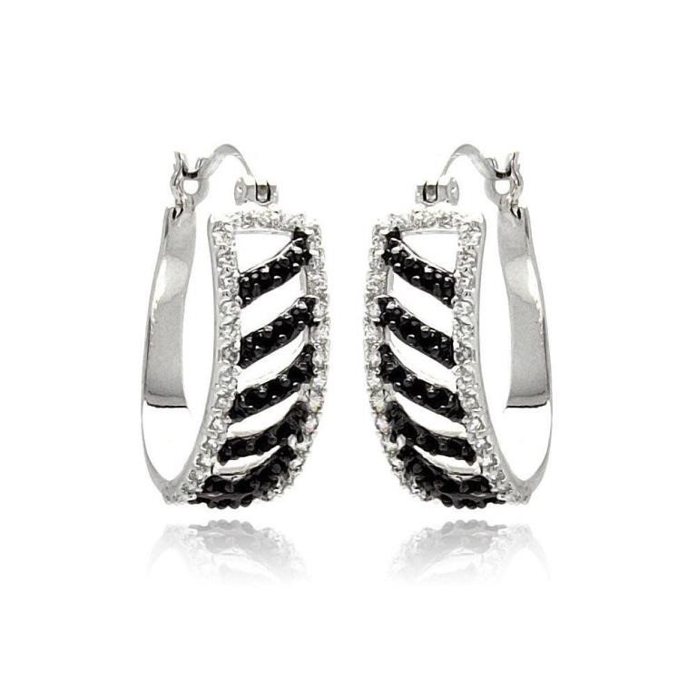 Silver White Enamel Black Stripe Hoop Earrings