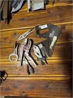 SAW GUIDE AND LOT OF MISC PLIERS AND VISE GRIPS