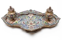 French Champleve Enameled Bronze 2-Inkwell Tray