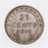 NFLD. 1919 Sterling Silver 25 Cents