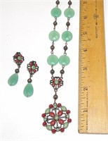 Avon Green & Burgundy Enamel Necklace Earrings