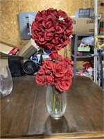 GLASS VASE WITH OVER TWO DOZEN LEATHER ROSES
