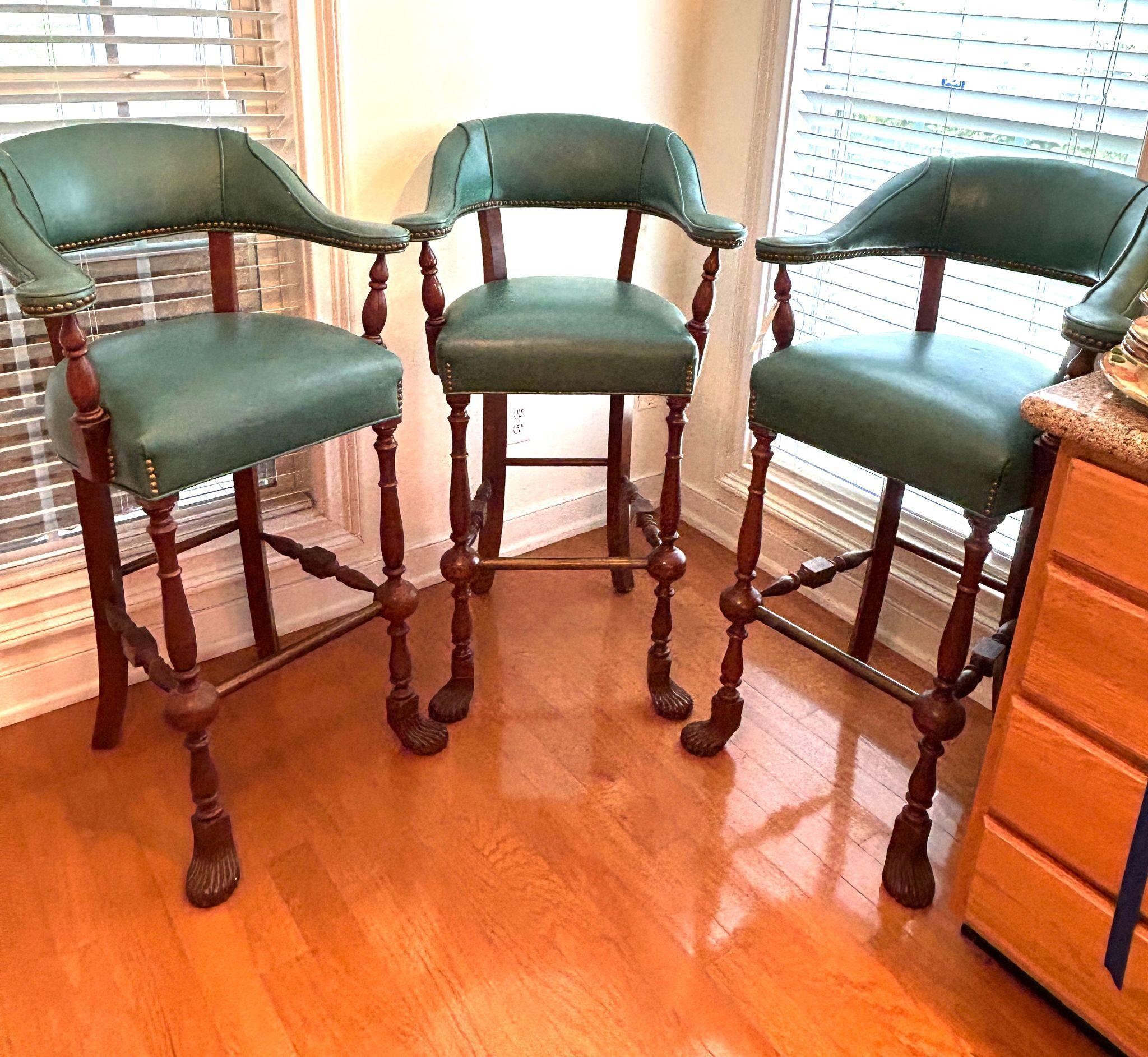 SET OF 3 TEAL BAR STOOLS, ARMS, FOOT REST, FEET