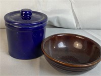 Blue Crock With Lid And Brown Glazed Bowl