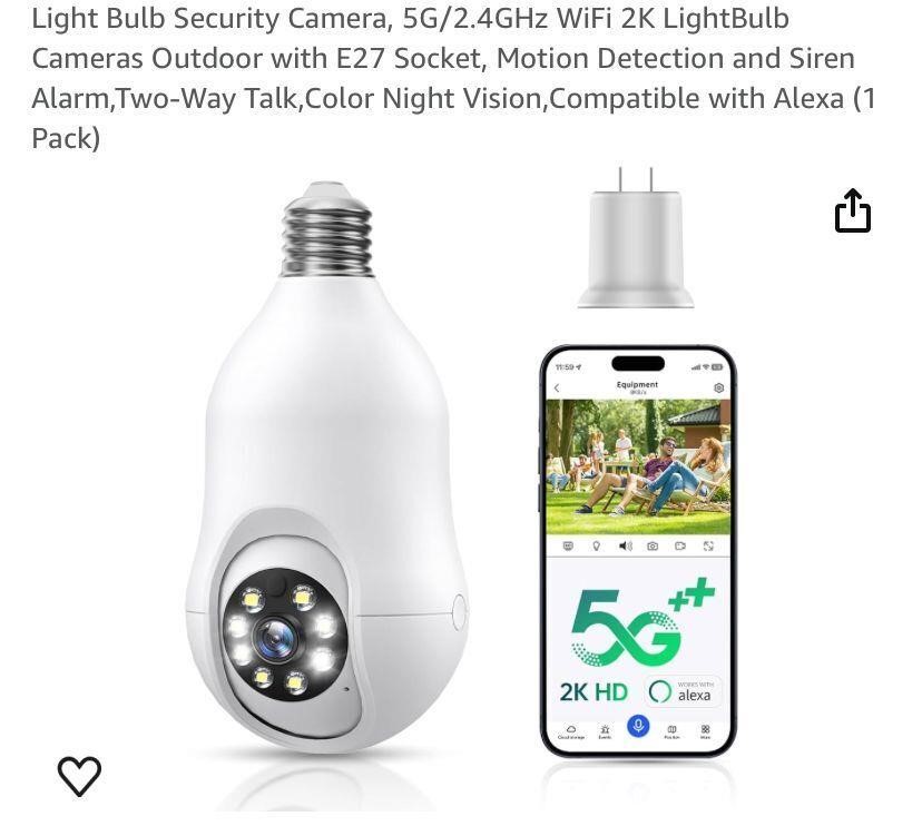 Light Bulb Security Camera, 5G/2.4GHz WiFi 2K