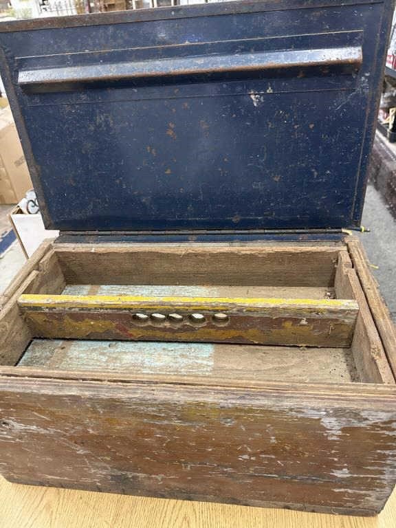 22 by 9-1/2 by 13” handmade vintage tool box with