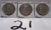 (3) 1958 -D- Franklin Silver Half Dollars