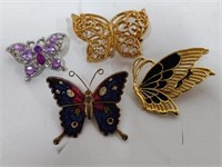4 Vintage Butterfly Pins, Enamel, Gold Tone