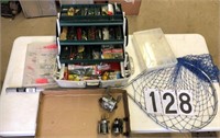 Fishing box, Fish net, plastic cases & contents