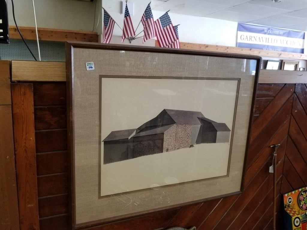 FRAMED AND MATTED ABSTRACT BARN LITHO