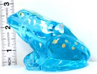 Fenton blue frog figure w/ white flowers on back