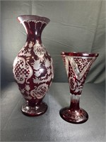 Bohemian Cut to Clear Ruby Vases