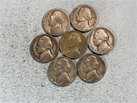 Seven 1942P silver nickels