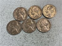 Six 1942S silver nickels