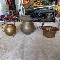 Brass, pitcher, basket & teapot