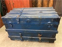 BLUE WOOD BOUND TRUNK WITH DRAWER