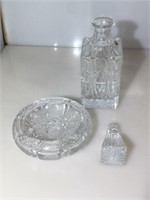 Press glass decanter w/cut glass candy dish (has