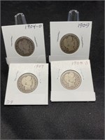 Group of 4 Barber Quarters 1904-07