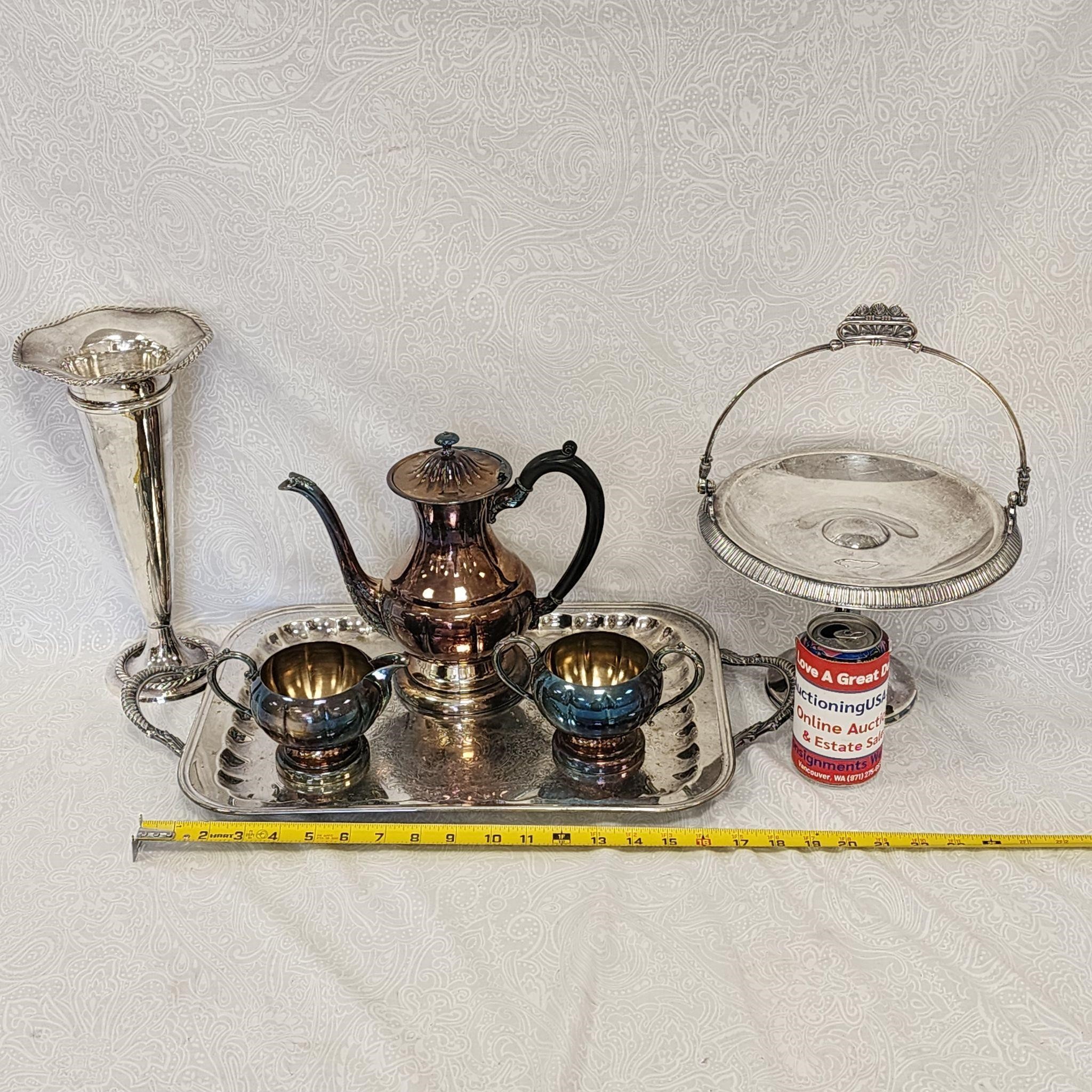 Vintage Silver Plate Lot #1 Tea Set Vase Basket