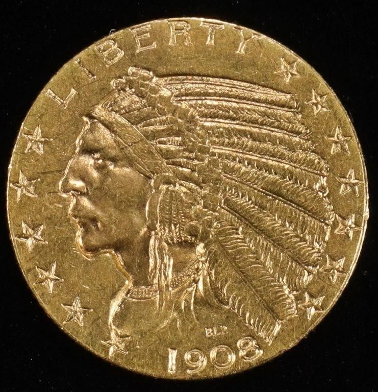 1908 $5 GOLD INDIAN AU
