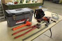 Tool Box, Tool Bag & Assorted Tools Including Saw