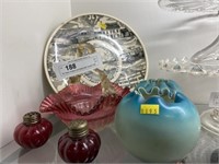 Art Glass Shakers and Basket with Souvenir Plate