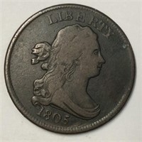 1805 1/2 CENT VF SMALL 5,  NO STEMS