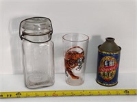EB Special beer can; tiger glass; Queen jar