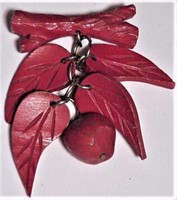 Red Wood Pin Brooch Leaves