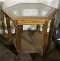 (L) Hexagon Glass and Wood End Table 27” x 24” x