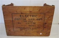 Electric Coffee Urn Set wood box. Measures 15" h