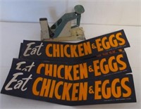Antique egg scale and (6) Vintage bumper stickers