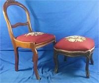 Needlepoint covered chair & footstool 17x17