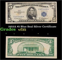 1953A $5 Blue Seal Silver Certificate Grades vf++