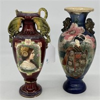 (2)pcs Antique Majolica Dragon Vase + Satsuma