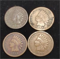 Set of Four Indian Head Pennies, 1890, 1894, 1898