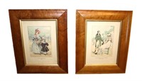 pair antique French prints in maple frames