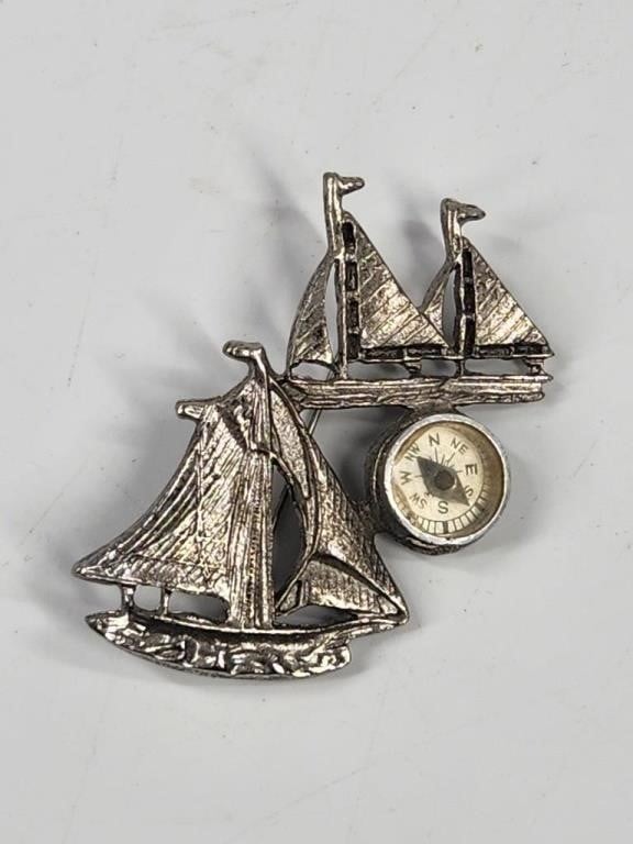 ANTIQUE SAIL BOAT COMPASS PIN