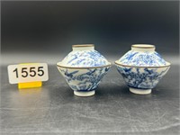 (2) Eggshell Porcelain Blue & White Lidded