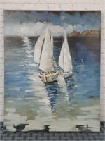 Framed Summer Landscape on Canvas: Sail Boats