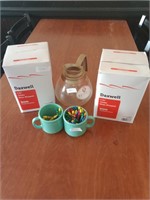 (2) jumbo straw wrapped boxes, 1 coffee carafe, 2