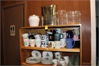 Shelf lot; Coffee Cups, Christmas Plates,